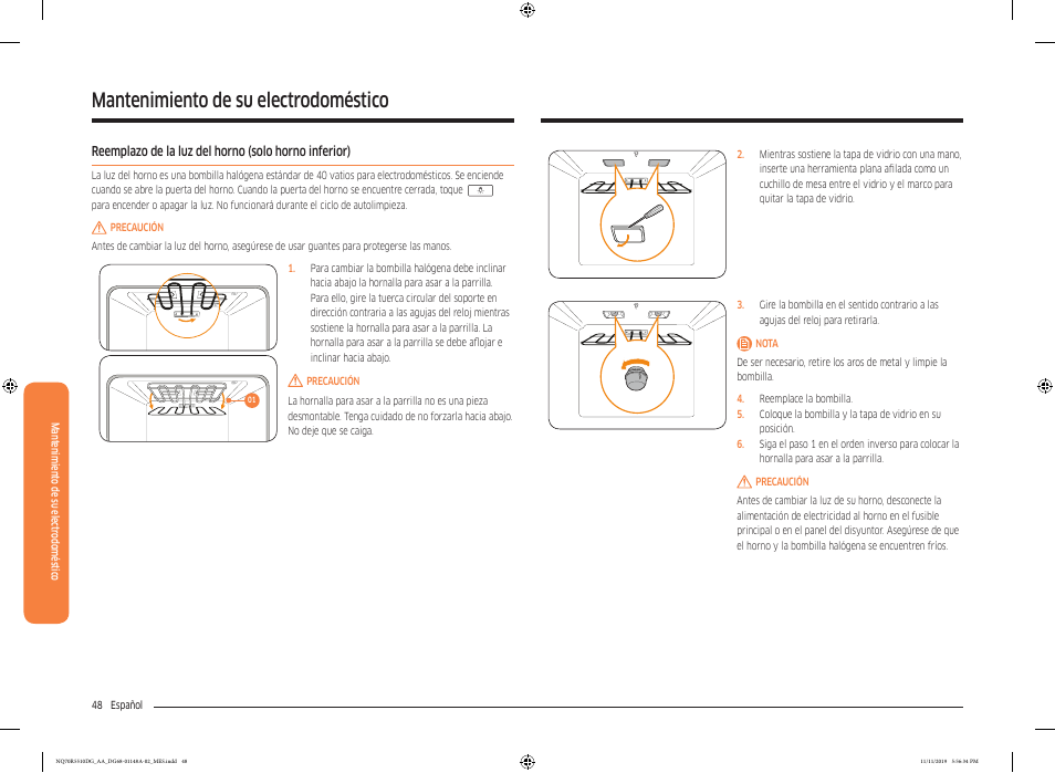 Mantenimiento de su electrodoméstico | Samsung 30 Inch Microwave Combination Smart Wall Oven Owner Manual User Manual | Page 108 / 180