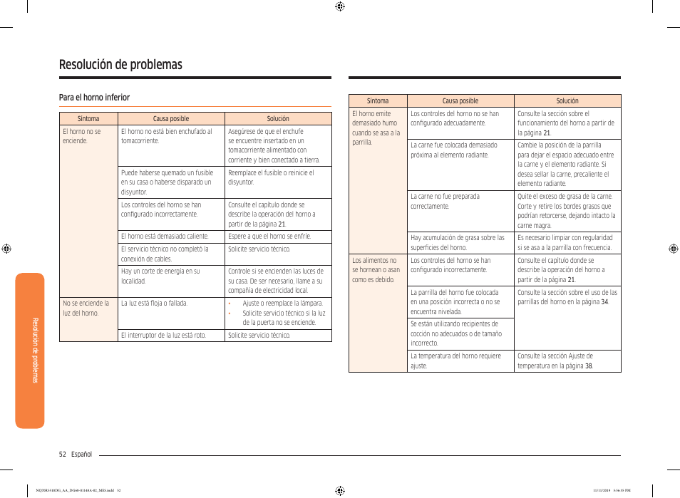 Para el horno inferior, Resolución de problemas | Samsung 30 Inch Microwave Combination Smart Wall Oven Owner Manual User Manual | Page 112 / 180