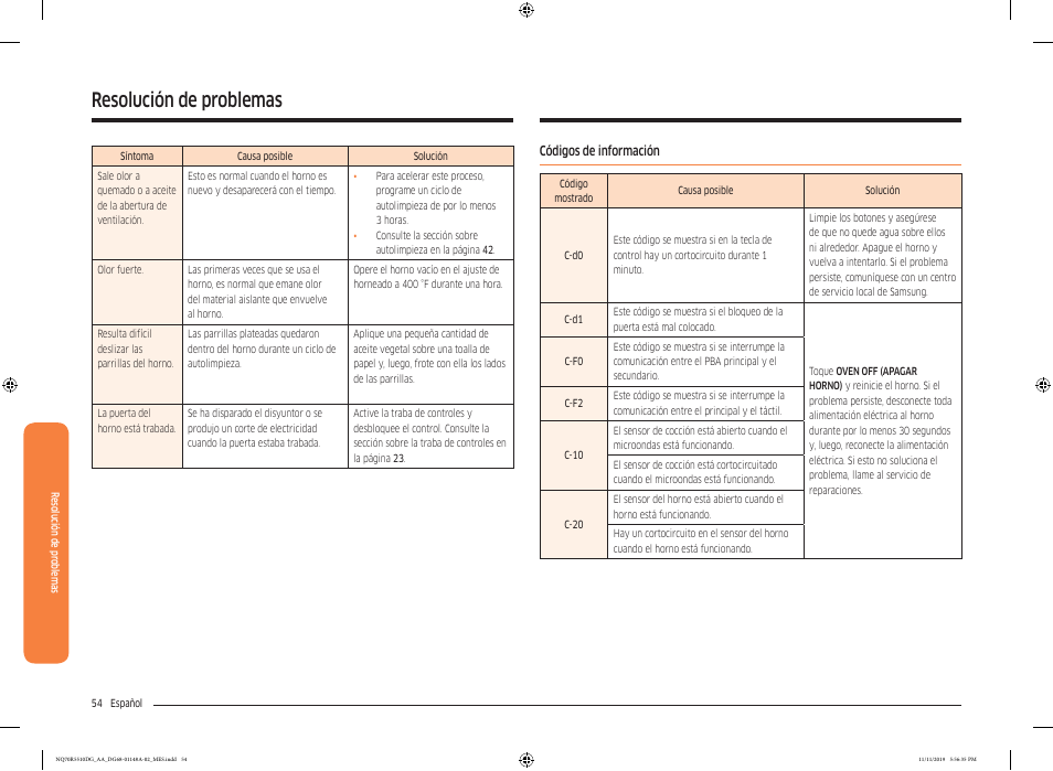 Códigos de información, Resolución de problemas | Samsung 30 Inch Microwave Combination Smart Wall Oven Owner Manual User Manual | Page 114 / 180