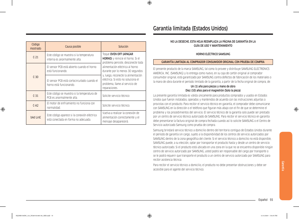 Garantía limitada (estados unidos) | Samsung 30 Inch Microwave Combination Smart Wall Oven Owner Manual User Manual | Page 115 / 180