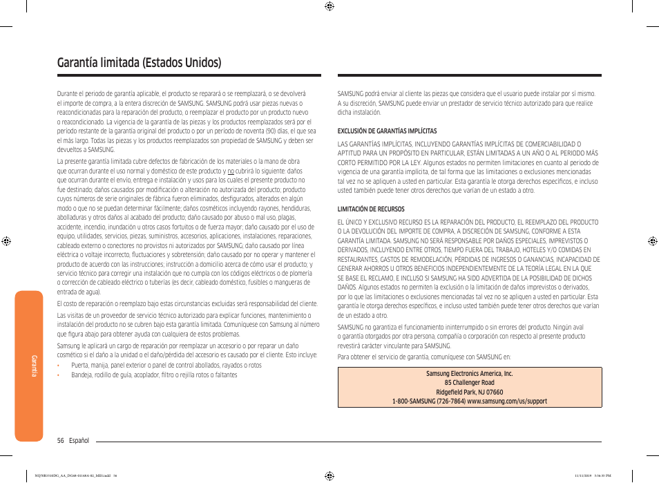 Garantía, Garantía limitada (estados unidos) | Samsung 30 Inch Microwave Combination Smart Wall Oven Owner Manual User Manual | Page 116 / 180