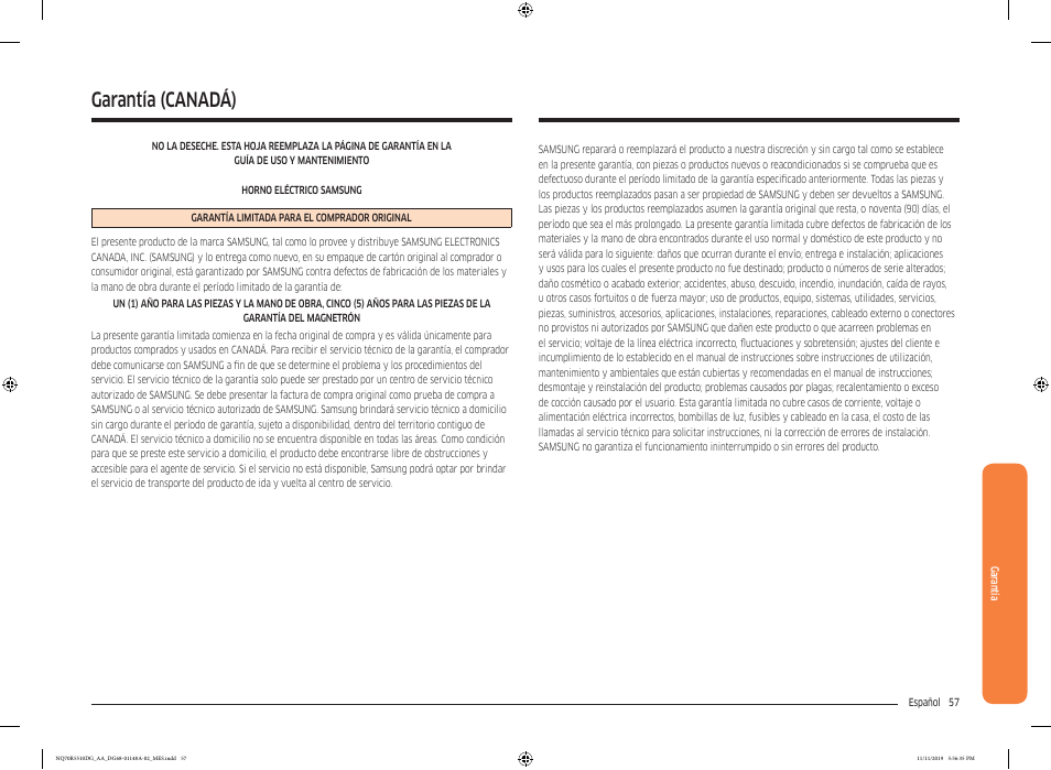 Garantía (canadá) | Samsung 30 Inch Microwave Combination Smart Wall Oven Owner Manual User Manual | Page 117 / 180