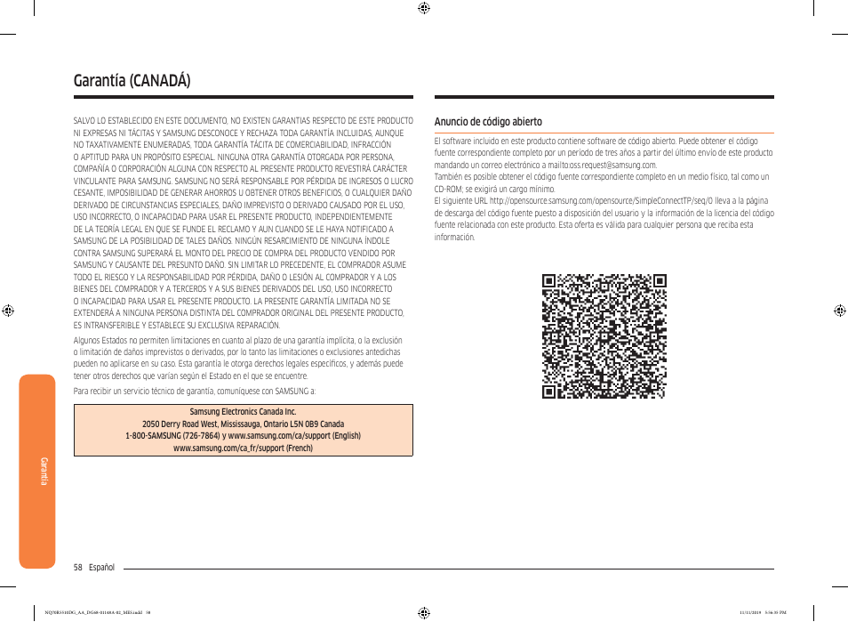 Anuncio de código abierto, Garantía (canadá) | Samsung 30 Inch Microwave Combination Smart Wall Oven Owner Manual User Manual | Page 118 / 180