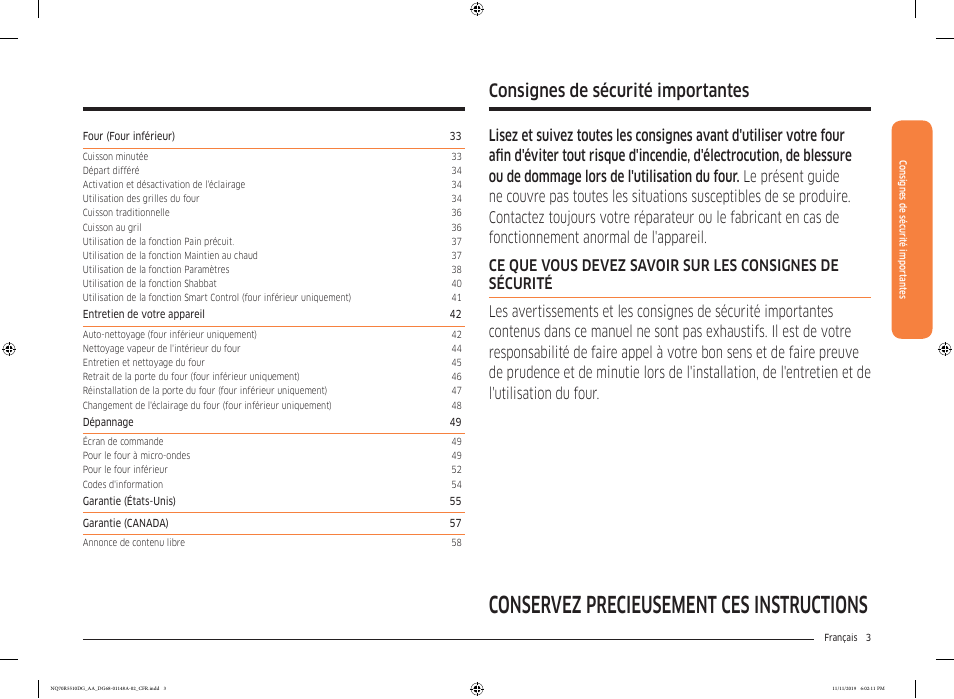 Consignes de sécurité importantes, Conservez précieusement ces instructions | Samsung 30 Inch Microwave Combination Smart Wall Oven Owner Manual User Manual | Page 123 / 180