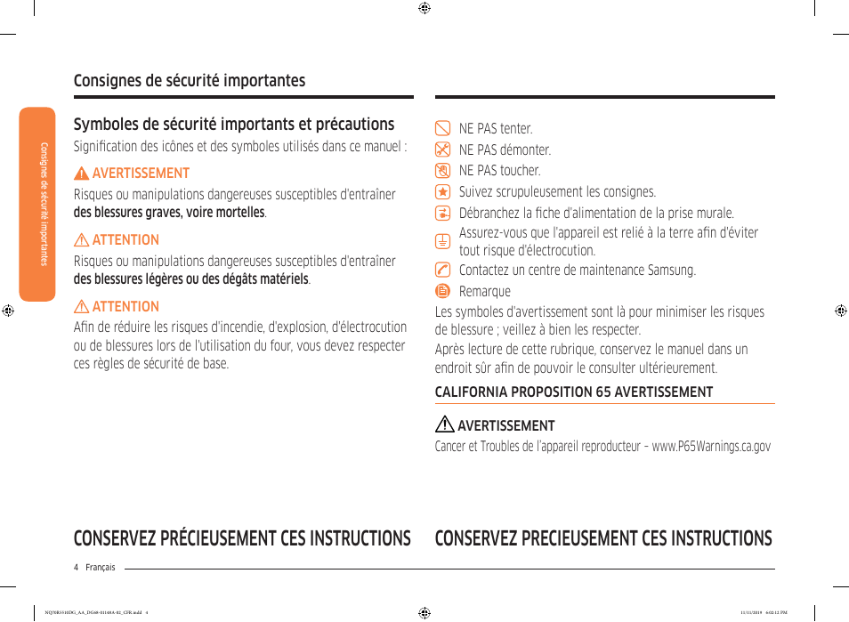 Consignes de sécurité importantes, Symboles de sécurité importants et précautions | Samsung 30 Inch Microwave Combination Smart Wall Oven Owner Manual User Manual | Page 124 / 180