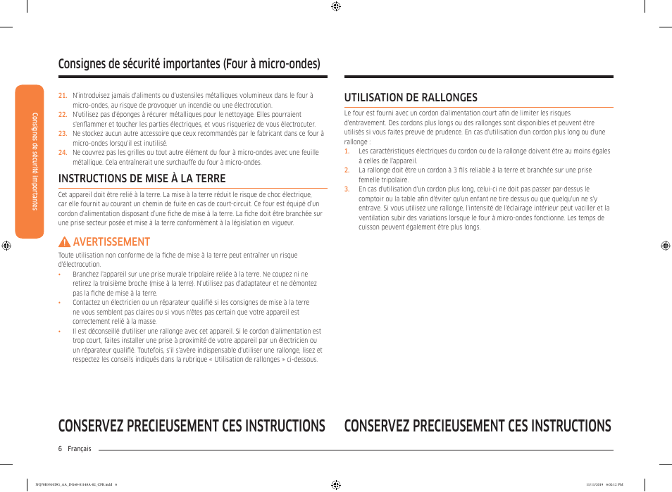 Consignes de sécurité importantes, Utilisation de rallonges, Instructions de mise à la terre | Avertissement | Samsung 30 Inch Microwave Combination Smart Wall Oven Owner Manual User Manual | Page 126 / 180