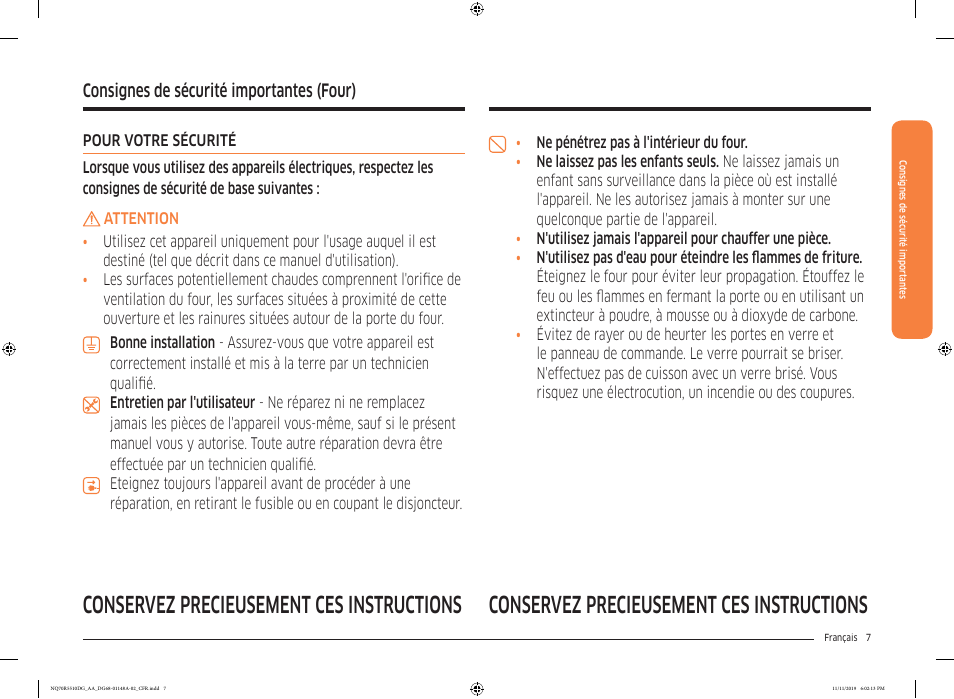 Conservez précieusement ces instructions, Consignes de sécurité importantes (four) | Samsung 30 Inch Microwave Combination Smart Wall Oven Owner Manual User Manual | Page 127 / 180