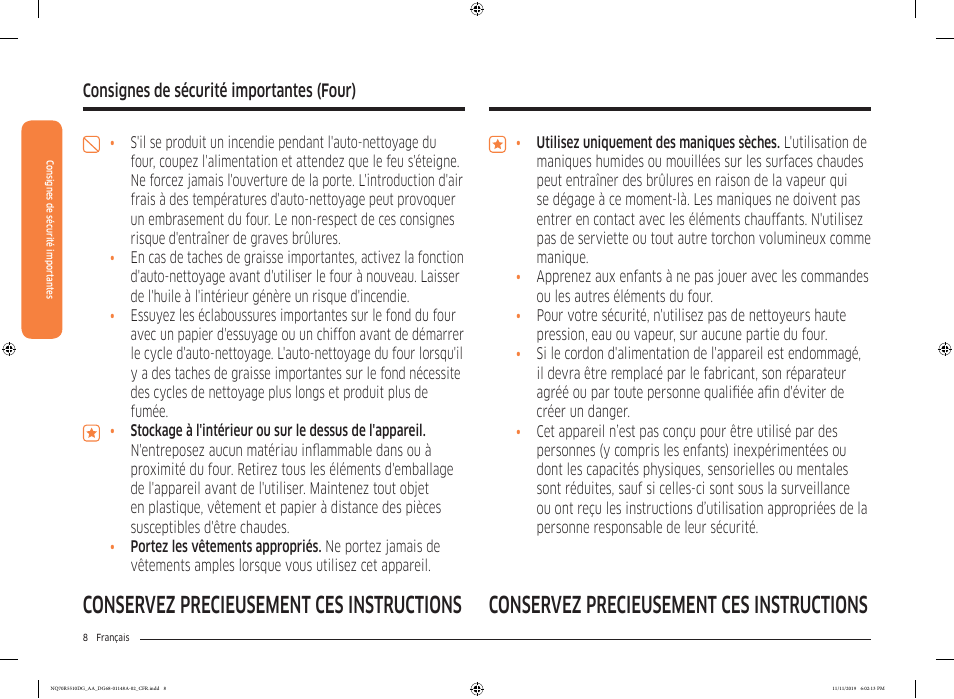 Consignes de sécurité importantes, Consignes de sécurité importantes (four) | Samsung 30 Inch Microwave Combination Smart Wall Oven Owner Manual User Manual | Page 128 / 180