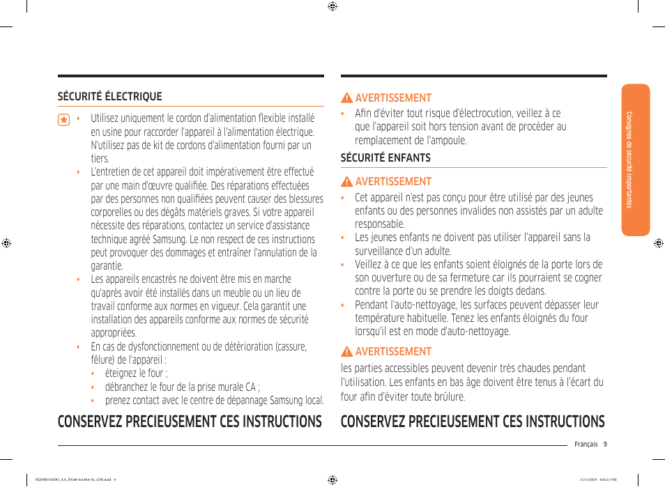 Conservez précieusement ces instructions | Samsung 30 Inch Microwave Combination Smart Wall Oven Owner Manual User Manual | Page 129 / 180