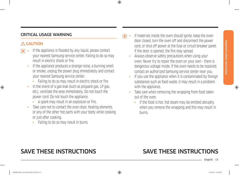 Save these instructions | Samsung 30 Inch Microwave Combination Smart Wall Oven Owner Manual User Manual | Page 13 / 180