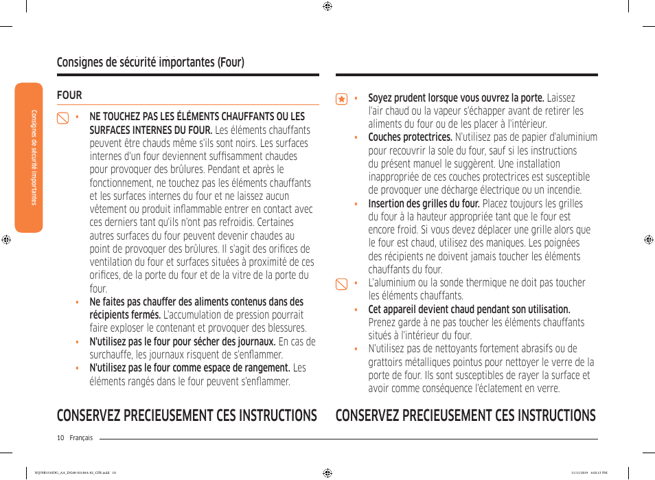 Consignes de sécurité importantes, Consignes de sécurité importantes (four) | Samsung 30 Inch Microwave Combination Smart Wall Oven Owner Manual User Manual | Page 130 / 180