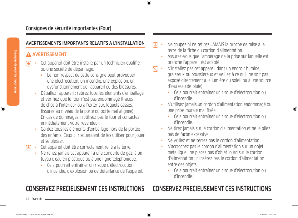 Consignes de sécurité importantes, Consignes de sécurité importantes (four) | Samsung 30 Inch Microwave Combination Smart Wall Oven Owner Manual User Manual | Page 132 / 180