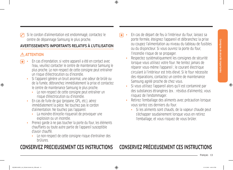 Conservez précieusement ces instructions | Samsung 30 Inch Microwave Combination Smart Wall Oven Owner Manual User Manual | Page 133 / 180