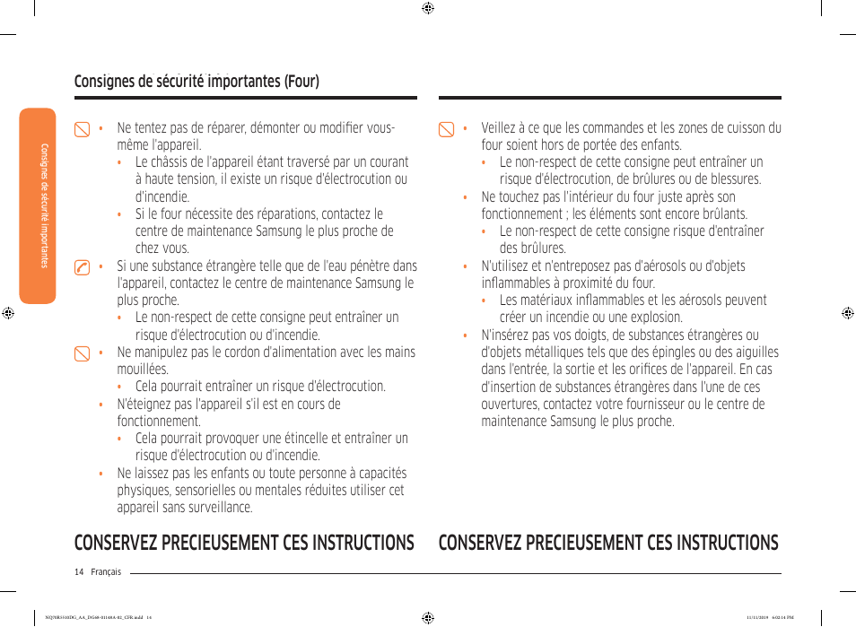 Consignes de sécurité importantes, Consignes de sécurité importantes (four) | Samsung 30 Inch Microwave Combination Smart Wall Oven Owner Manual User Manual | Page 134 / 180