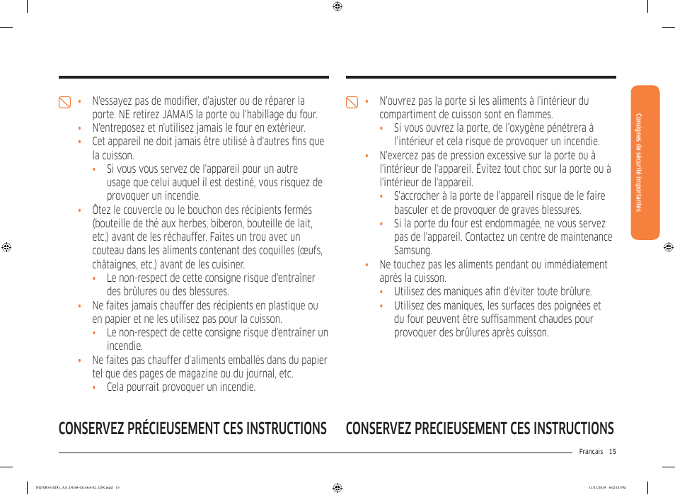 Conservez précieusement ces instructions | Samsung 30 Inch Microwave Combination Smart Wall Oven Owner Manual User Manual | Page 135 / 180