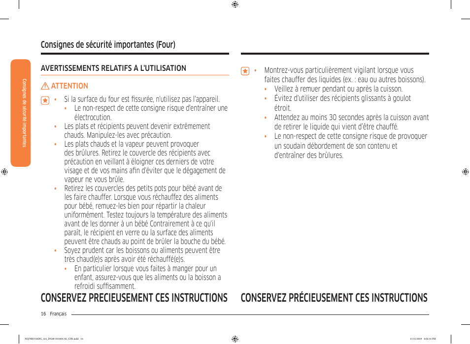 Consignes de sécurité importantes, Consignes de sécurité importantes (four) | Samsung 30 Inch Microwave Combination Smart Wall Oven Owner Manual User Manual | Page 136 / 180