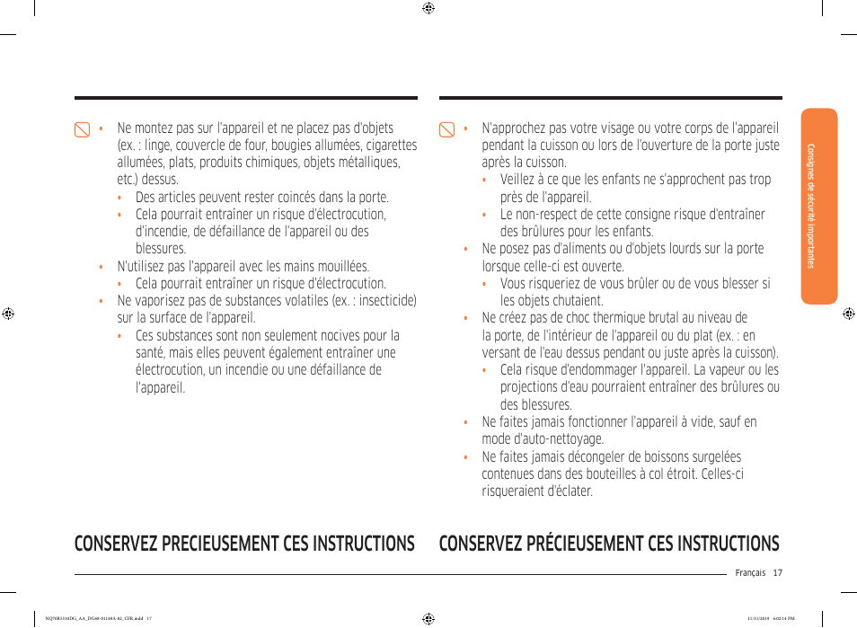 Conservez précieusement ces instructions | Samsung 30 Inch Microwave Combination Smart Wall Oven Owner Manual User Manual | Page 137 / 180