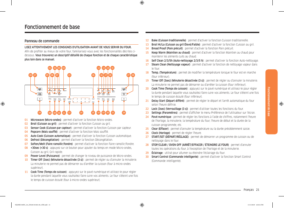 Fonctionnement de base, Panneau de commande | Samsung 30 Inch Microwave Combination Smart Wall Oven Owner Manual User Manual | Page 141 / 180