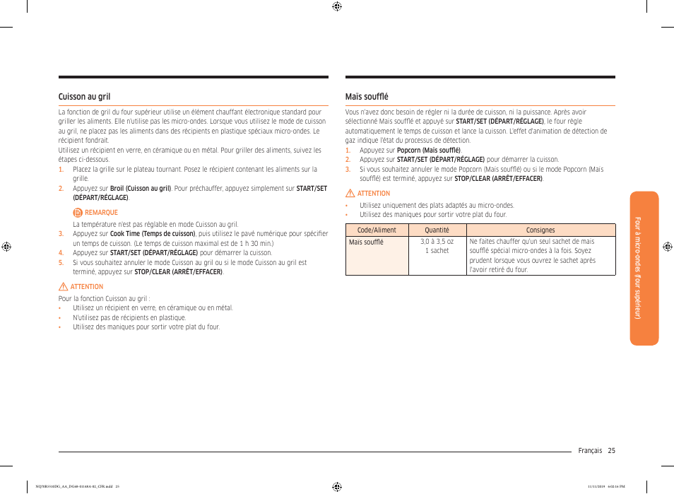 Cuisson au gril, Maïs soufflé | Samsung 30 Inch Microwave Combination Smart Wall Oven Owner Manual User Manual | Page 145 / 180