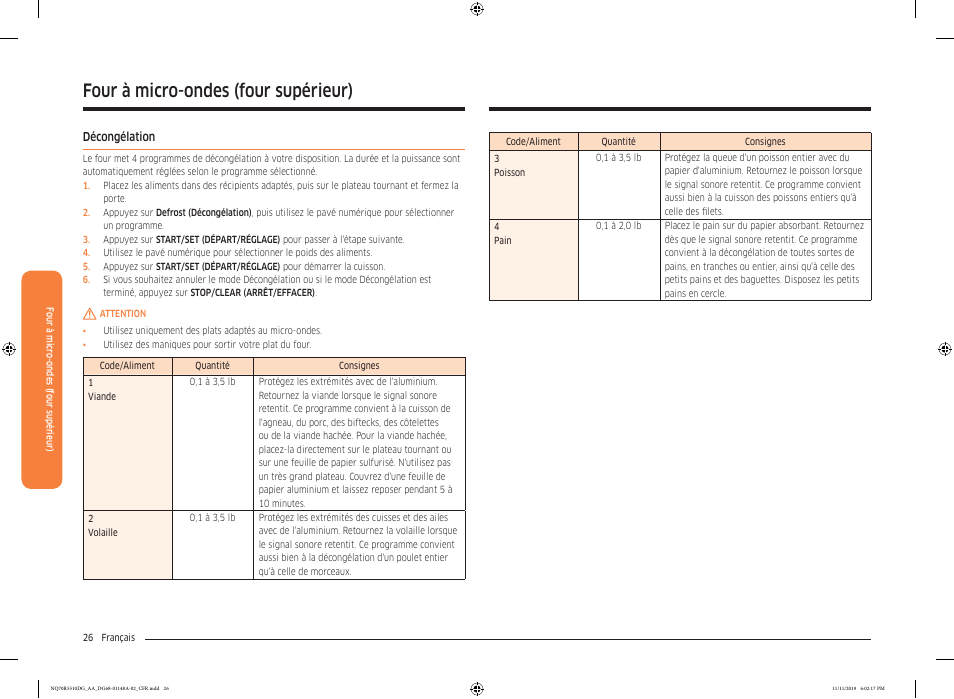 Décongélation, Décongélation 26, Four à micro-ondes (four supérieur) | Samsung 30 Inch Microwave Combination Smart Wall Oven Owner Manual User Manual | Page 146 / 180