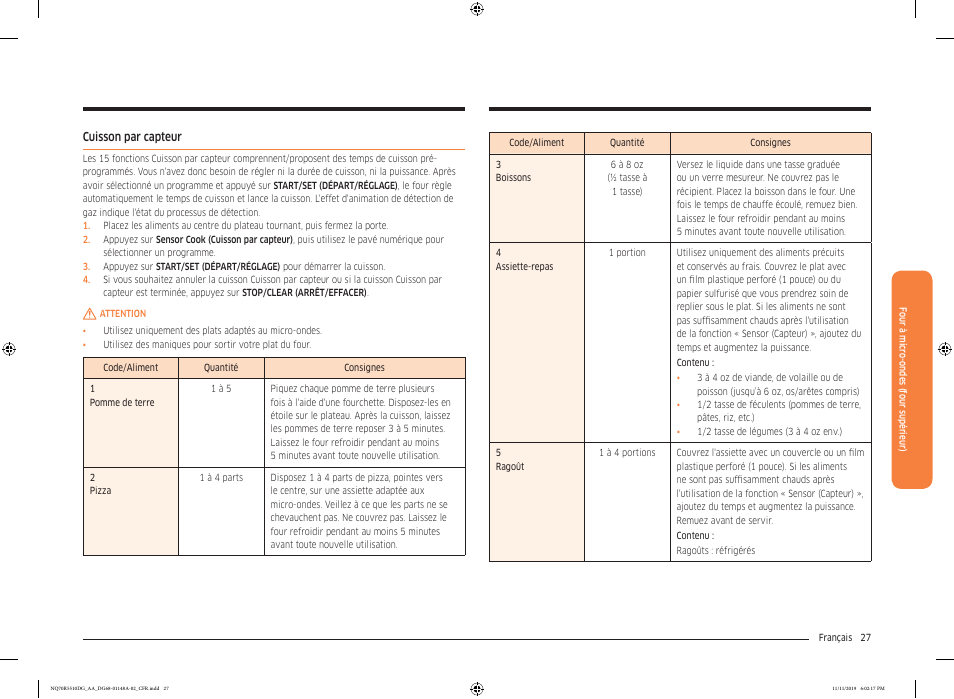 Cuisson par capteur | Samsung 30 Inch Microwave Combination Smart Wall Oven Owner Manual User Manual | Page 147 / 180