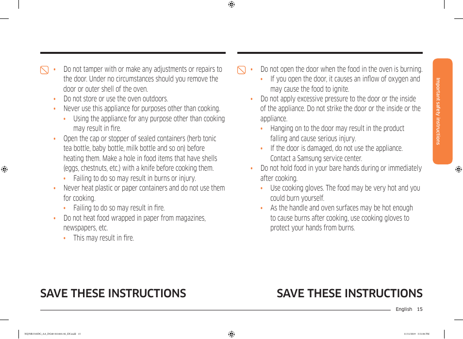 Save these instructions | Samsung 30 Inch Microwave Combination Smart Wall Oven Owner Manual User Manual | Page 15 / 180
