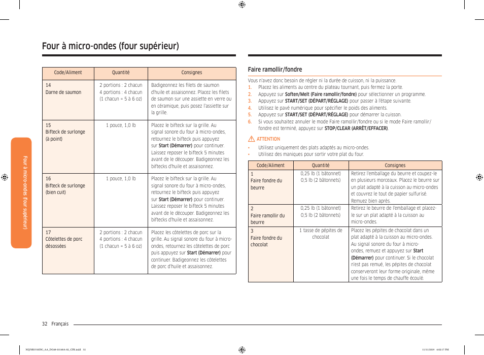 Faire ramollir/fondre, Four à micro-ondes (four supérieur) | Samsung 30 Inch Microwave Combination Smart Wall Oven Owner Manual User Manual | Page 152 / 180