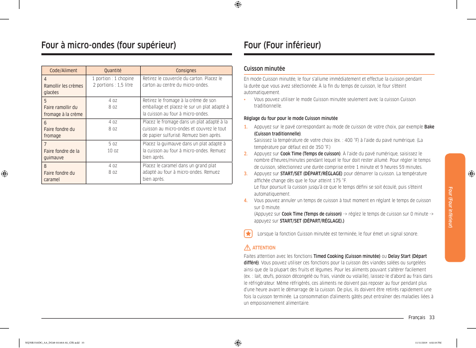 Four (four inférieur), Cuisson minutée, Four à micro-ondes (four supérieur) | Samsung 30 Inch Microwave Combination Smart Wall Oven Owner Manual User Manual | Page 153 / 180