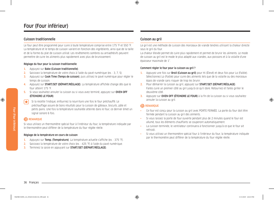 Cuisson traditionnelle, Cuisson au gril, Four (four inférieur) | Samsung 30 Inch Microwave Combination Smart Wall Oven Owner Manual User Manual | Page 156 / 180