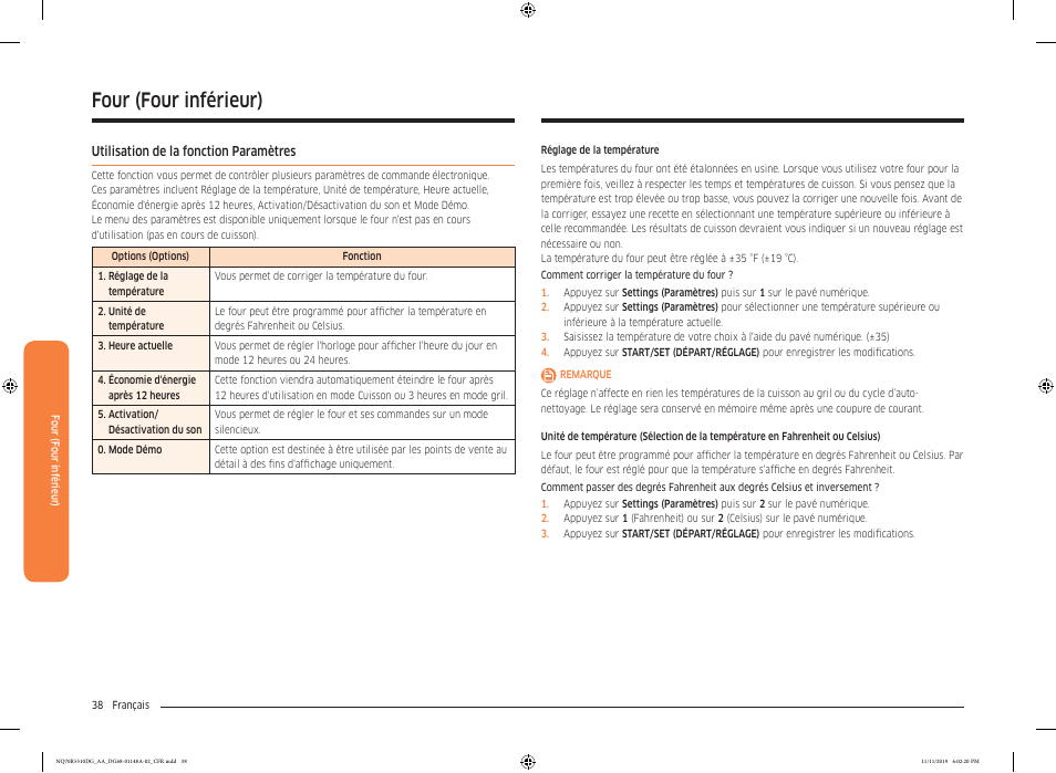 Utilisation de la fonction paramètres, Four (four inférieur) | Samsung 30 Inch Microwave Combination Smart Wall Oven Owner Manual User Manual | Page 158 / 180