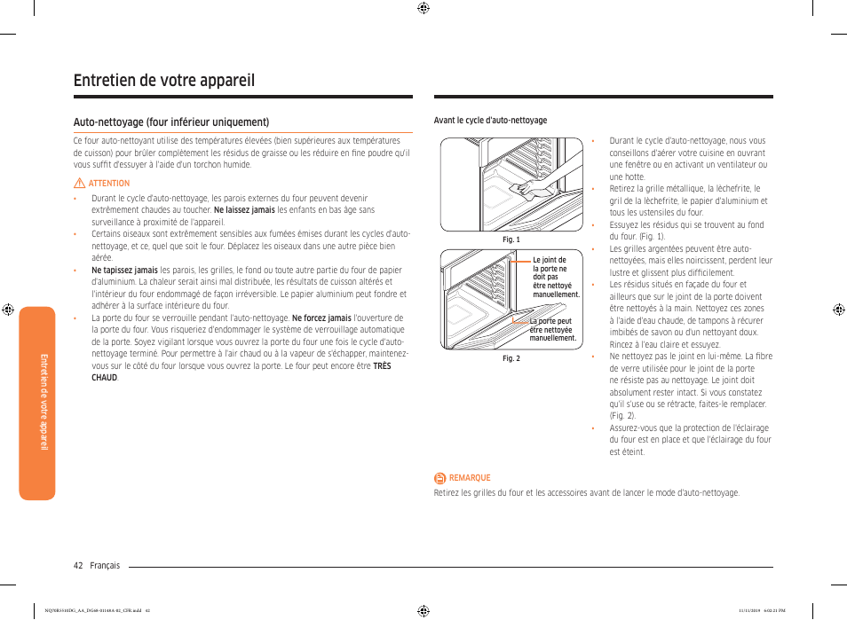 Entretien de votre appareil, Auto-nettoyage (four inférieur uniquement) | Samsung 30 Inch Microwave Combination Smart Wall Oven Owner Manual User Manual | Page 162 / 180