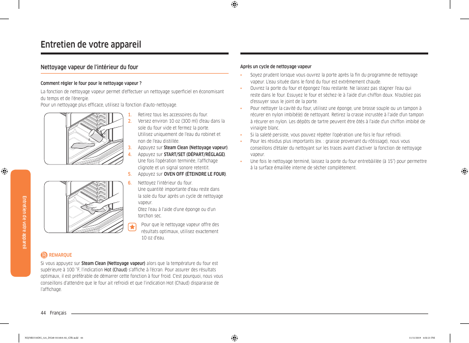 Nettoyage vapeur de l'intérieur du four, Entretien de votre appareil | Samsung 30 Inch Microwave Combination Smart Wall Oven Owner Manual User Manual | Page 164 / 180