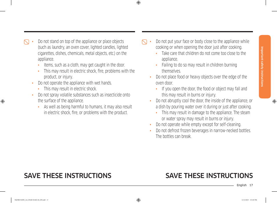 Save these instructions | Samsung 30 Inch Microwave Combination Smart Wall Oven Owner Manual User Manual | Page 17 / 180