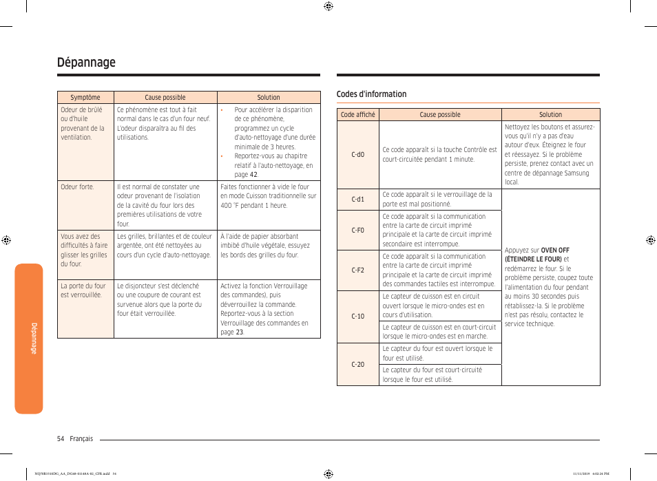 Codes d'information, Dépannage | Samsung 30 Inch Microwave Combination Smart Wall Oven Owner Manual User Manual | Page 174 / 180