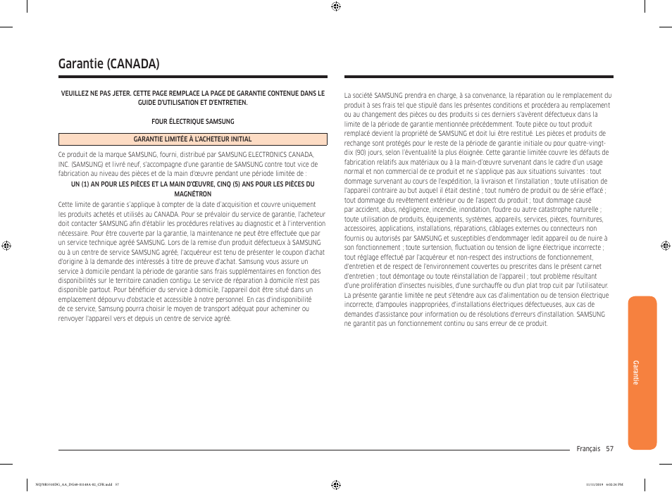 Garantie (canada) | Samsung 30 Inch Microwave Combination Smart Wall Oven Owner Manual User Manual | Page 177 / 180