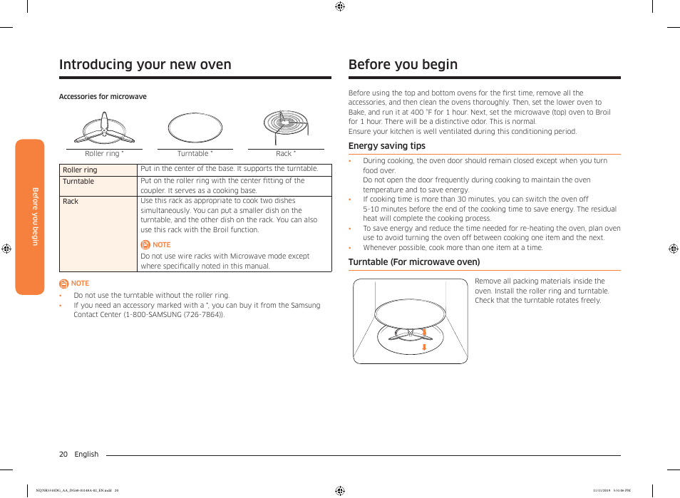 Before you begin, Energy saving tips, Turntable (for microwave oven) | Introducing your new oven | Samsung 30 Inch Microwave Combination Smart Wall Oven Owner Manual User Manual | Page 20 / 180