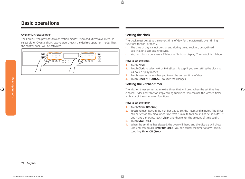 Setting the clock, Setting the kitchen timer, Basic operations | Samsung 30 Inch Microwave Combination Smart Wall Oven Owner Manual User Manual | Page 22 / 180