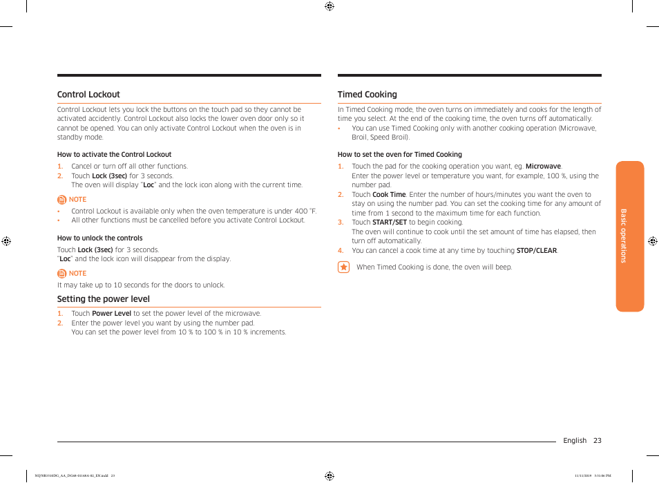 Control lockout, Setting the power level, Timed cooking | Samsung 30 Inch Microwave Combination Smart Wall Oven Owner Manual User Manual | Page 23 / 180