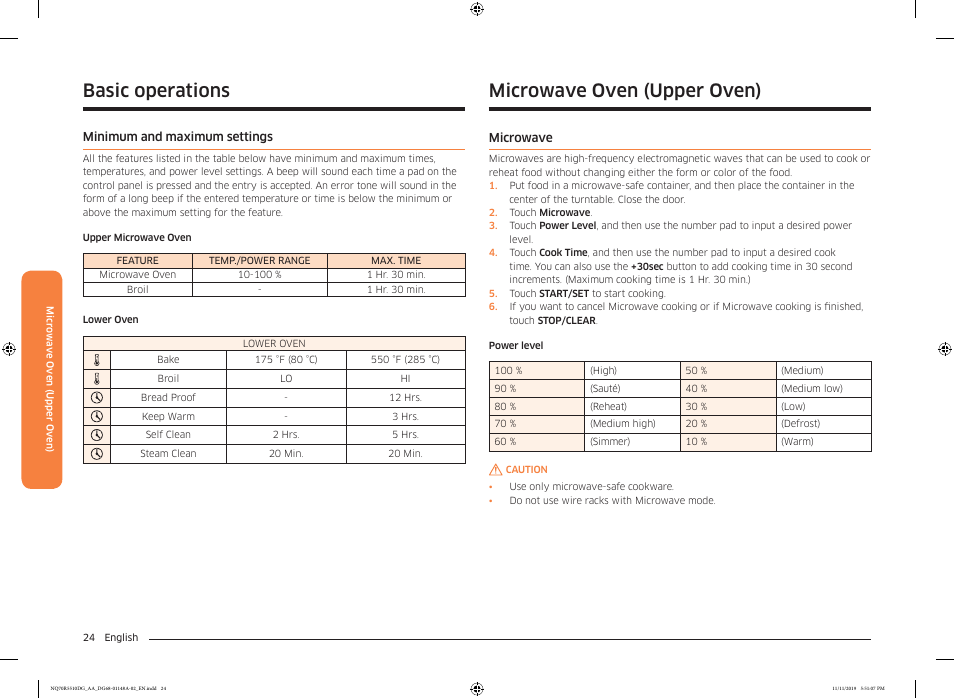 Minimum and maximum settings, Microwave oven (upper oven), Microwave | Microwave 24, Basic operations | Samsung 30 Inch Microwave Combination Smart Wall Oven Owner Manual User Manual | Page 24 / 180