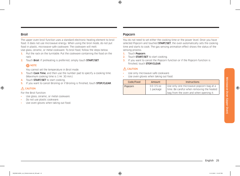 Broil, Popcorn, Broil 25 popcorn 25 | Samsung 30 Inch Microwave Combination Smart Wall Oven Owner Manual User Manual | Page 25 / 180