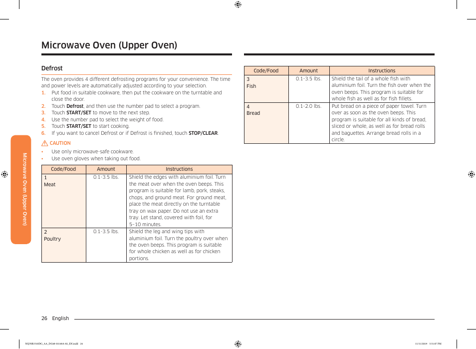 Defrost, Defrost 26, Microwave oven (upper oven) | Samsung 30 Inch Microwave Combination Smart Wall Oven Owner Manual User Manual | Page 26 / 180