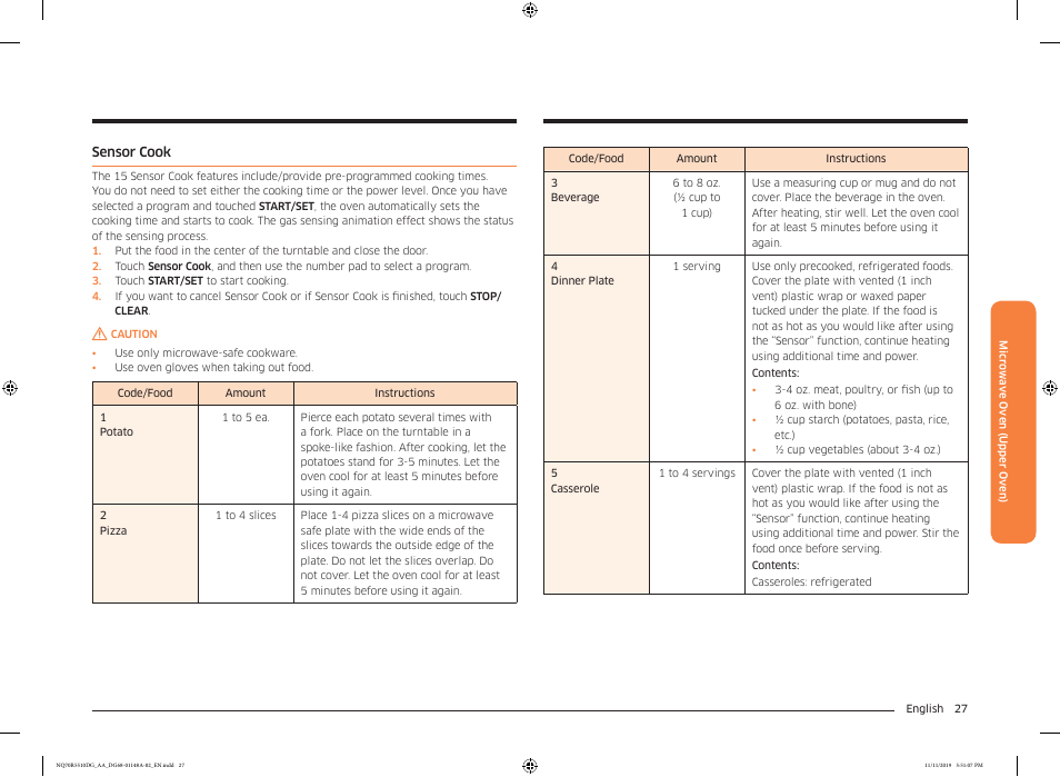 Sensor cook | Samsung 30 Inch Microwave Combination Smart Wall Oven Owner Manual User Manual | Page 27 / 180