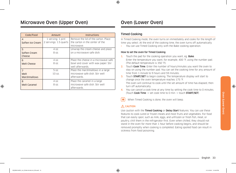 Oven (lower oven), Timed cooking, Microwave oven (upper oven) | Samsung 30 Inch Microwave Combination Smart Wall Oven Owner Manual User Manual | Page 33 / 180