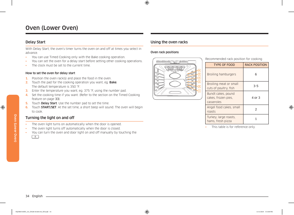 Delay start, Turning the light on and off, Using the oven racks | Oven (lower oven) | Samsung 30 Inch Microwave Combination Smart Wall Oven Owner Manual User Manual | Page 34 / 180