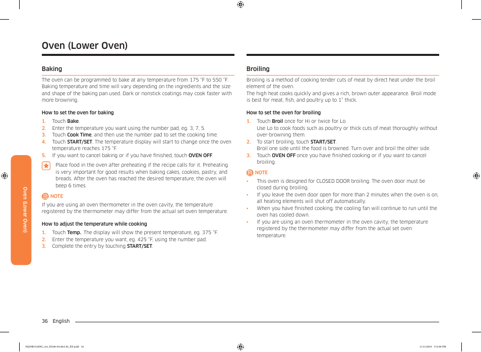 Baking, Broiling, Baking 36 broiling 36 | Oven (lower oven) | Samsung 30 Inch Microwave Combination Smart Wall Oven Owner Manual User Manual | Page 36 / 180