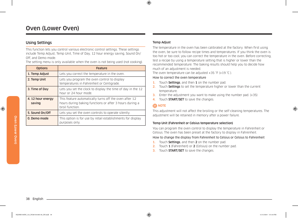 Using settings, Oven (lower oven) | Samsung 30 Inch Microwave Combination Smart Wall Oven Owner Manual User Manual | Page 38 / 180