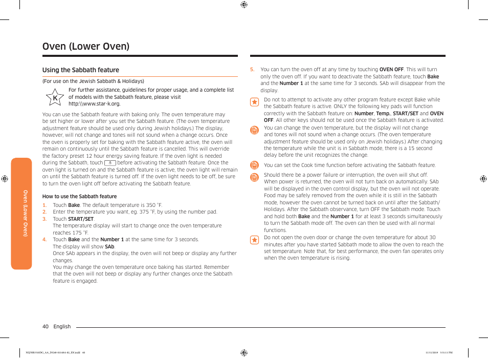 Using the sabbath feature, Oven (lower oven) | Samsung 30 Inch Microwave Combination Smart Wall Oven Owner Manual User Manual | Page 40 / 180