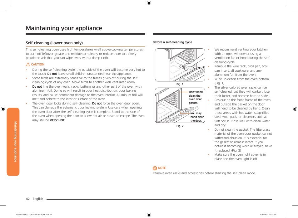 Maintaining your appliance, Self-cleaning (lower oven only) | Samsung 30 Inch Microwave Combination Smart Wall Oven Owner Manual User Manual | Page 42 / 180