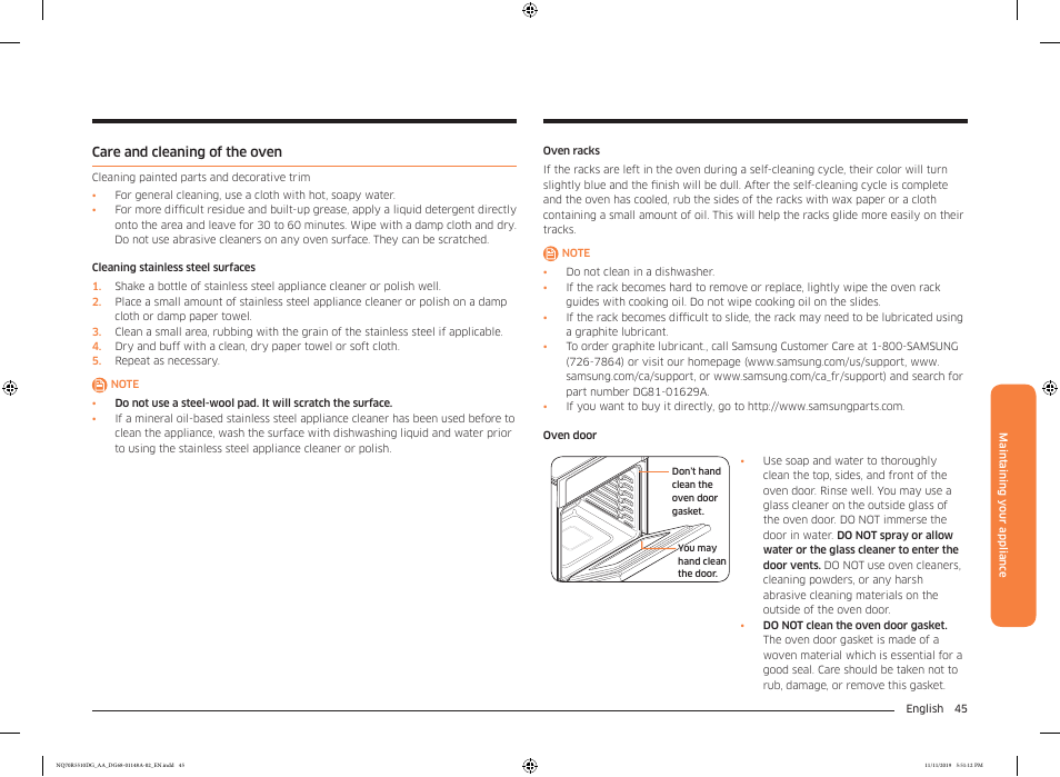Care and cleaning of the oven | Samsung 30 Inch Microwave Combination Smart Wall Oven Owner Manual User Manual | Page 45 / 180