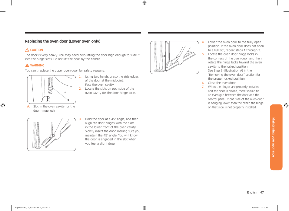 Replacing the oven door (lower oven only) | Samsung 30 Inch Microwave Combination Smart Wall Oven Owner Manual User Manual | Page 47 / 180